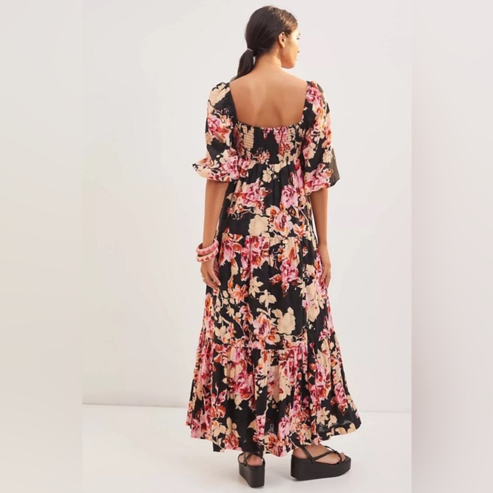 Anthropologie Blossom Maxi dress Floral black pink pockets Sz M GUC